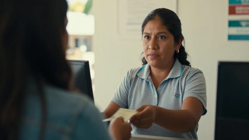 Una mestiza mexicana paga en el banco