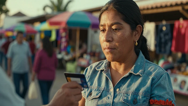 Mexicana, mestiza, paga con tarjeta en mercado