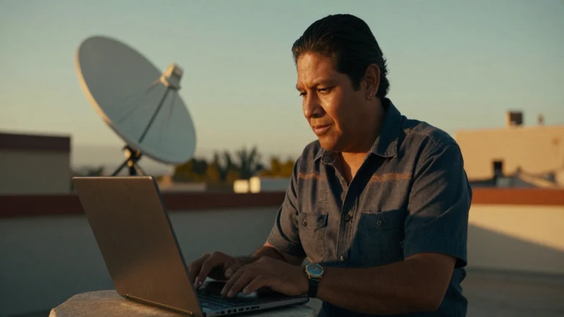 Opiniones sobre internet satelital de Sky en México 5 Mexicano mestizo usa laptop bajo luz dorada
