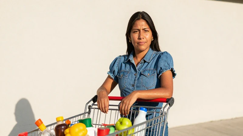 Mujer mestiza compra en luz cálida y brillante