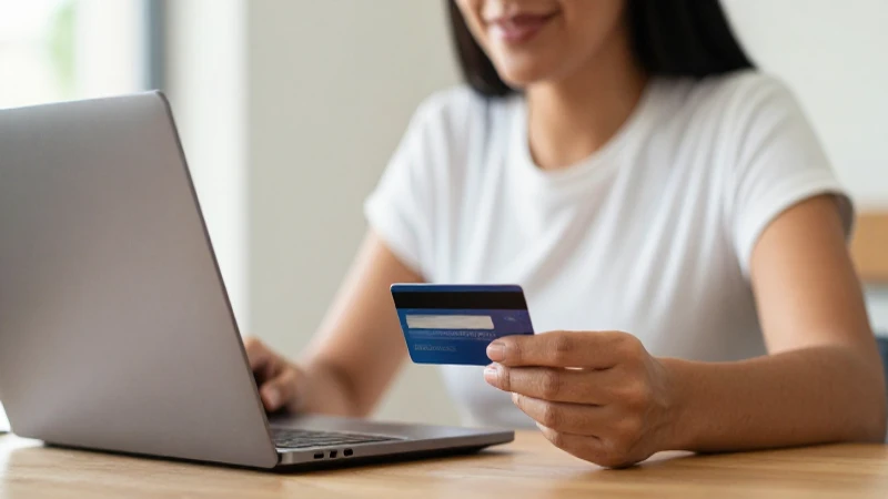 Mujer mestiza usa tarjeta con laptop