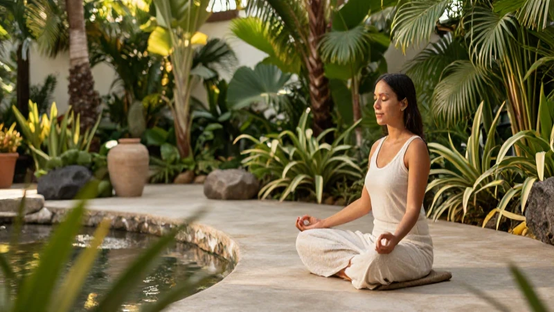 Mujer medita en jardín zen sereno
