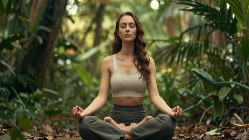 Mujer medita en selva, luz cálida