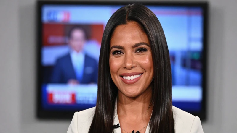 Mujer mestiza sonríe frente a noticias televisivas