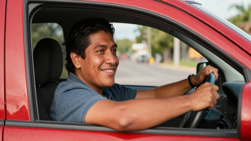 Cómo obtener crédito para auto en Súper Auto Santander 3 Un coche rojo conduce bajo el sol