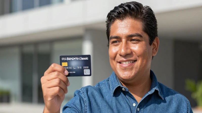 Mexicana, sonriente, con tarjeta Banorte y piel bronceada