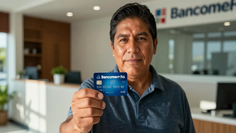 Joven mestiza sonríe con su tarjeta Bancomer