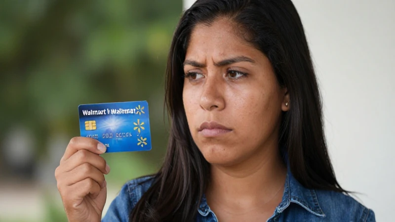 Mujer mexicana con tarjetas Walmart en la foto