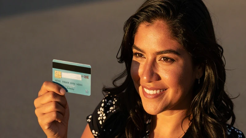 Mujer mestiza sonriente con tarjeta de crédito