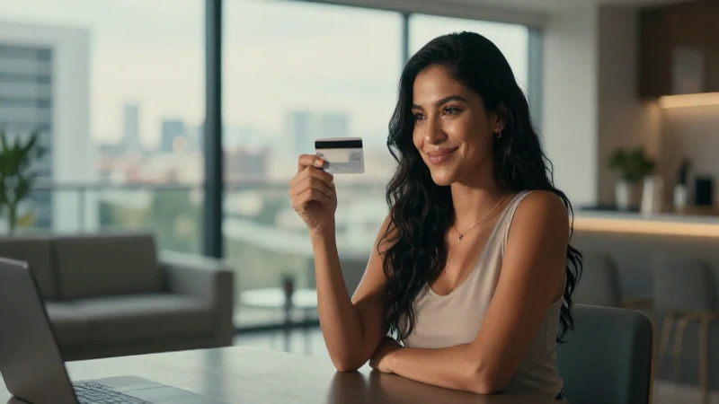 Sabes cuáles son los beneficios de contar con una tarjeta Visa 3 Mujer sonriente en apartamento con luz cálida