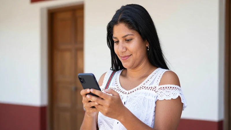 Mujer mestiza sonríe sosteniendo un teléfono