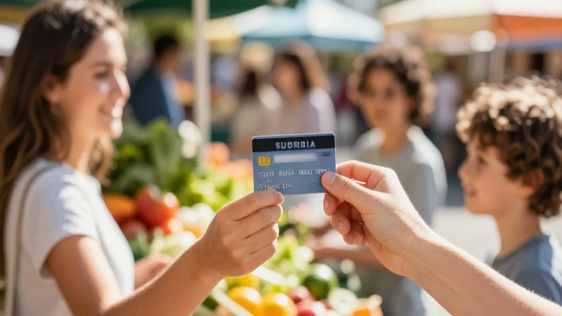 En qué lugares se puede utilizar la tarjeta Suburbia Visa 5 Familia compra en mercado, luz cálida y suave