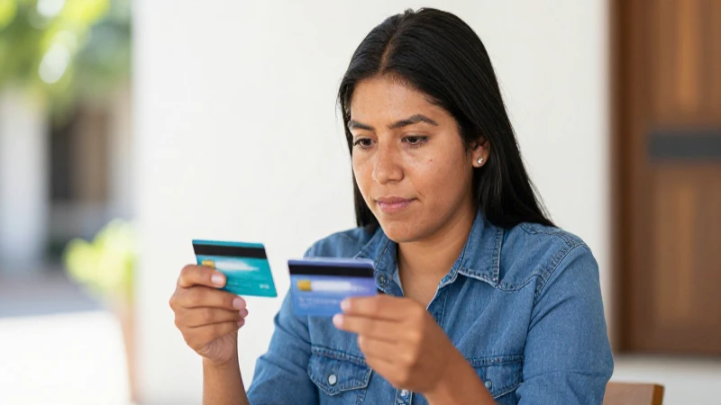Joven mestiza con piel bronceada y tarjetas