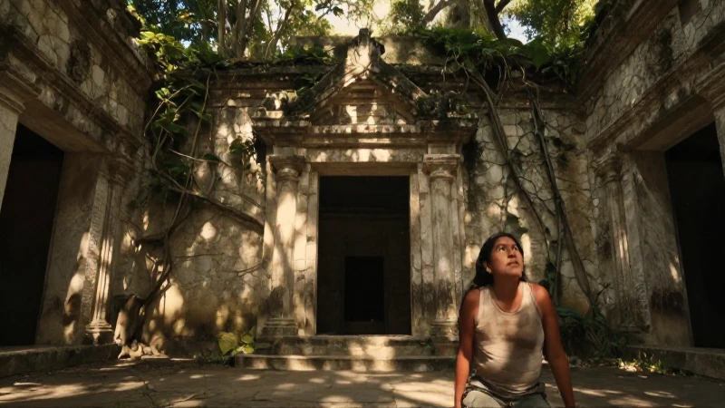 Santuario abandonado, luz dorada y anhelo