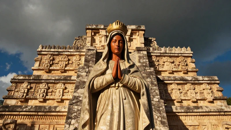 Virgen María en ruinas mayas, cálida y dramática