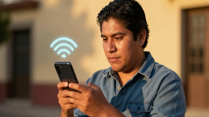 Mexicano mestizo con smartphone y señal 5G
