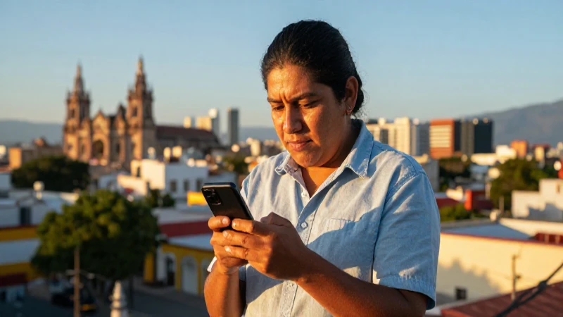 Una persona mestiza observa su móvil al atardecer