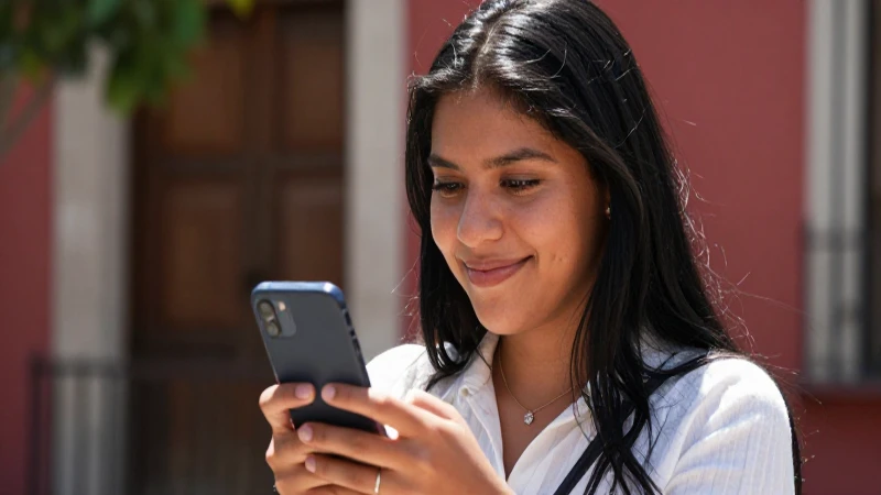 Joven mexicana sonriendo al sol con su móvil