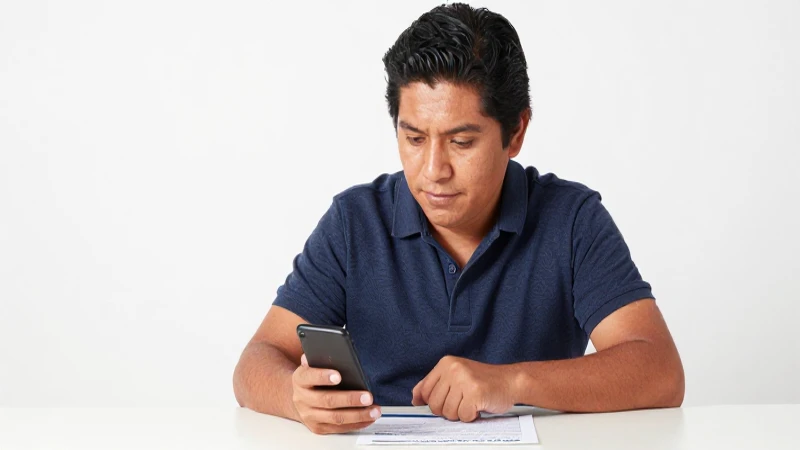 Mexicana con smartphone y formulario en mesa