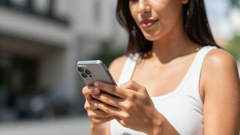 Mujer mestiza usa un móvil al sol