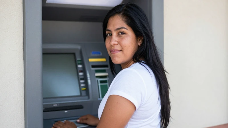 Mujer mestiza usa un cajero automático