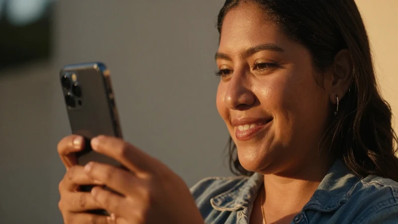 Mujer mexicana sonríe al sostener su móvil