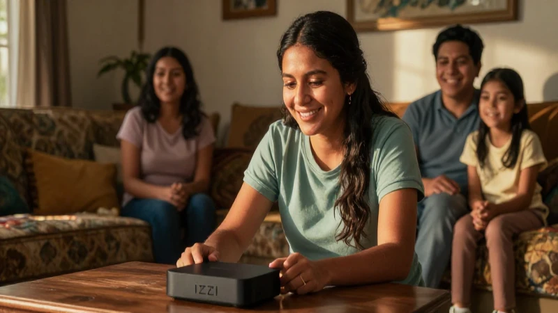 Familia mestiza sonriente disfruta Izzi en casa