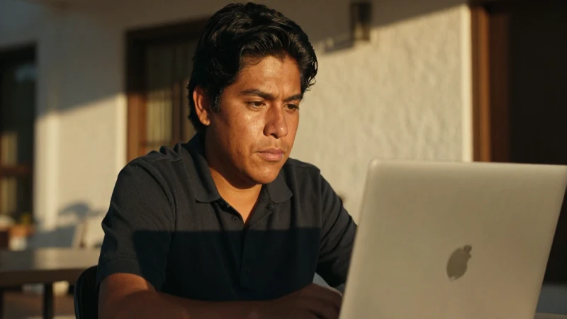 Joven mestizo con laptop a la luz dorada