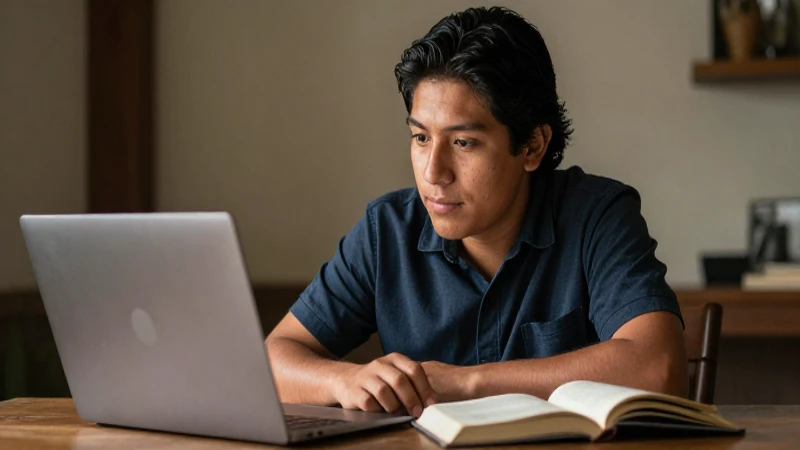 Estudiante mestizo bronceado estudia con laptop y libro