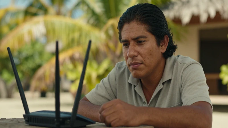 Persona mestiza observa el router en un entorno tropical