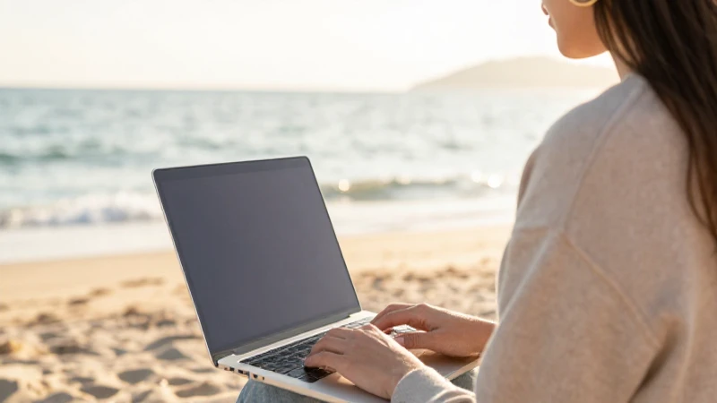 Mujer usa laptop en la playa