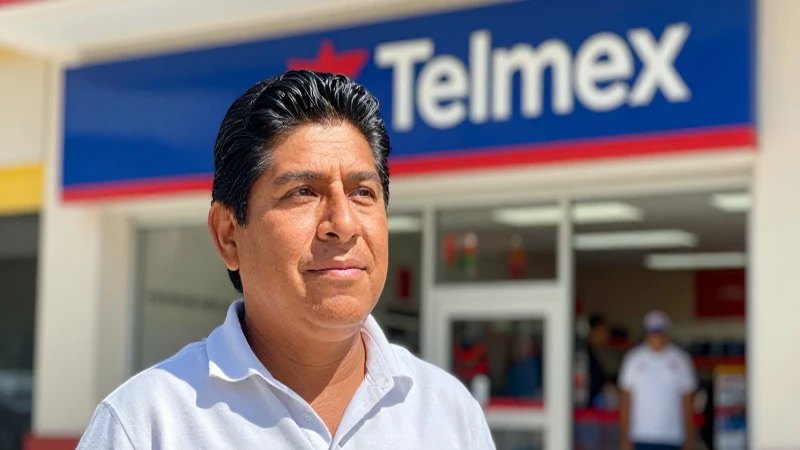 Persona mestiza en tienda Telmex, luz cálida