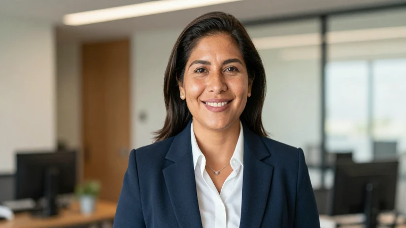 Profesional mexicana sonríe en la oficina moderna