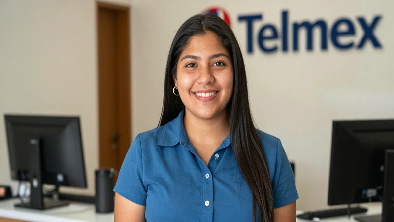 Cliente mestizo sonriente en oficina Telmex