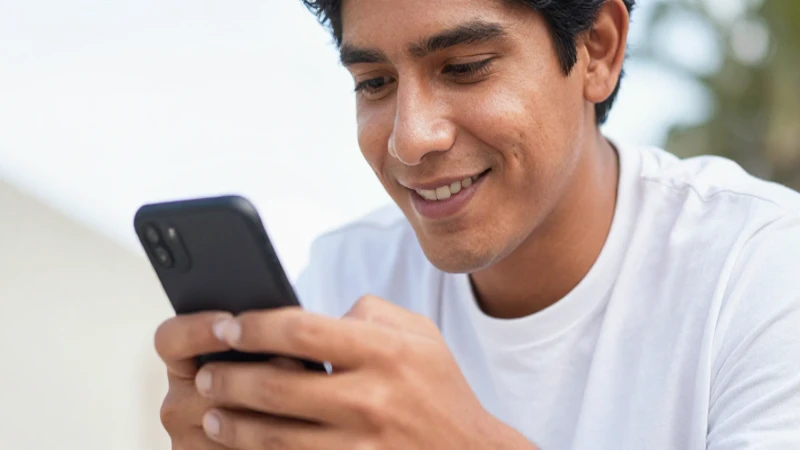 Joven mexicana sonríe usando su teléfono