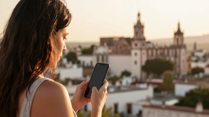 Mujer observa el móvil al atardecer en Irapuato