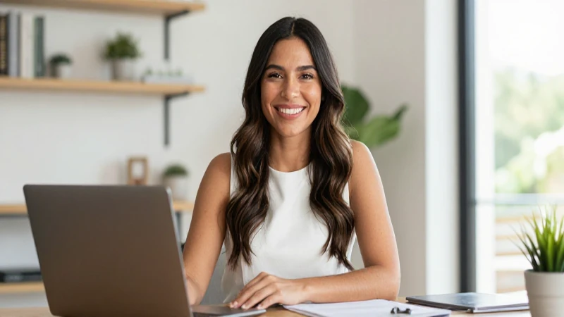 Mujer mestiza sonriente en cálido espacio de trabajo