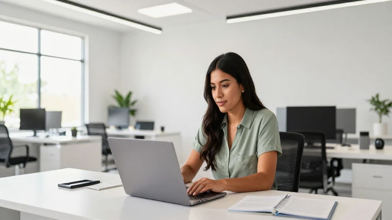 Qué incluyen los paquetes de Telmex para empresas en México 8 Mujer mestiza trabaja en oficina iluminada