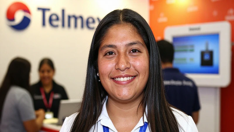 Cliente mestizo sonríe en el stand de Telmex