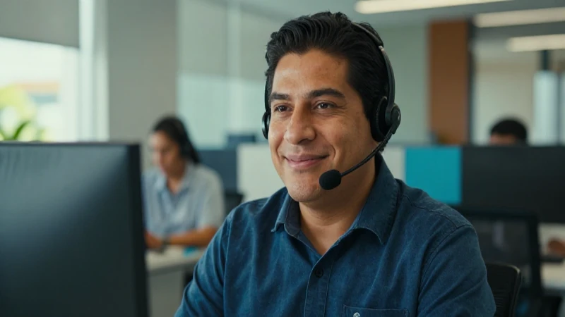 Atención al cliente, sonriente y mestiza