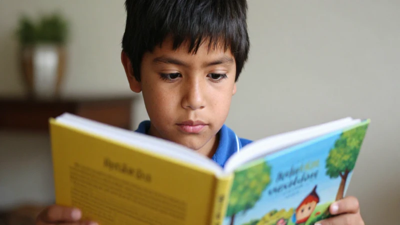 Niño mestizo lee un libro colorido