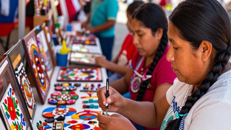 Artesanía mexicana vibrante bajo luz cálida