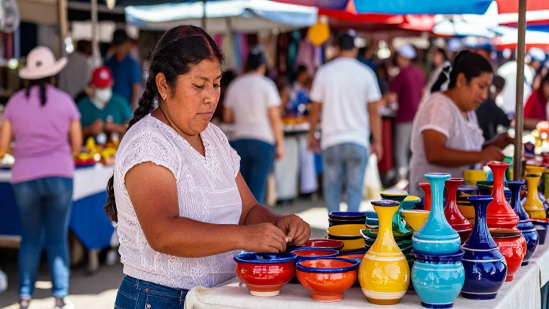 Mercado mexicano, gente mestiza y luz brillante