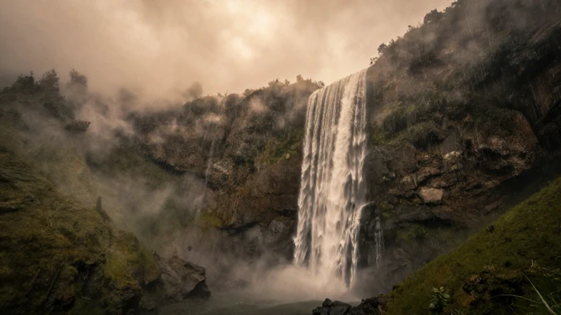Montañas de Guerrero, cascada, luz cálida y cinematográfica