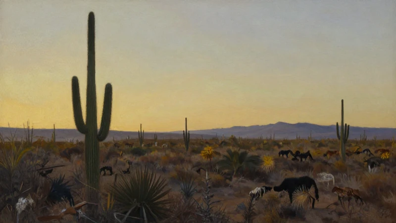 Paisaje árido con cactus, luz dorada, pintura realista