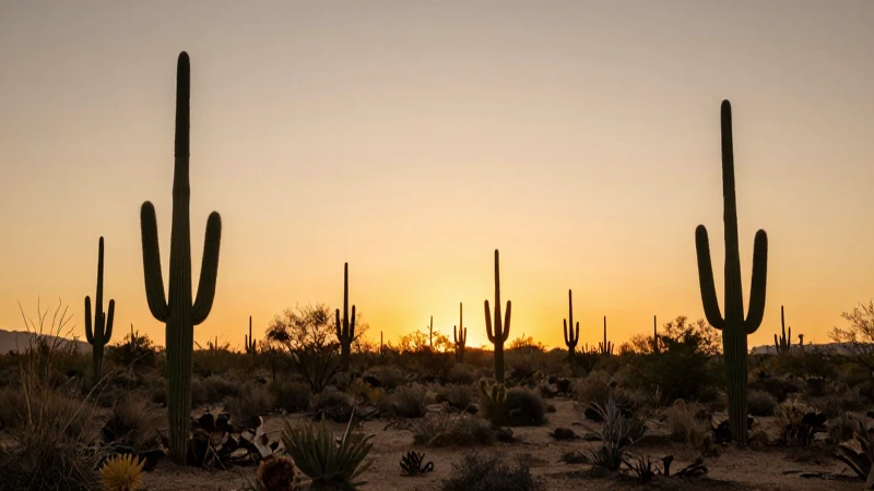 Desierto dorado, cactus siluetas, ángulo amplio