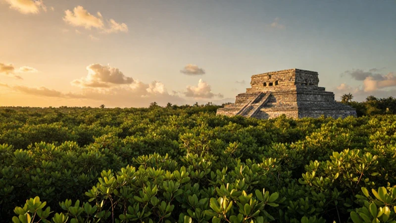 Pantanos de manglar, ruinas mayas, luz dorada