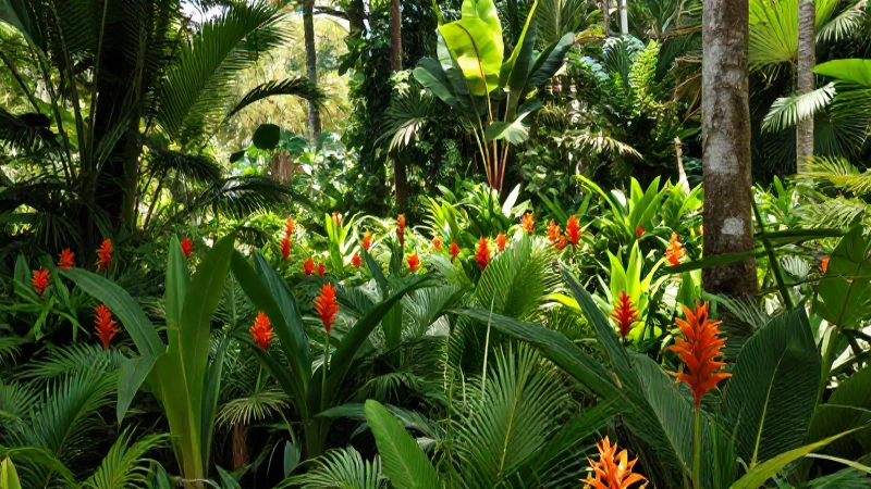 Selva exuberante, flores tropicales y luz filtrada