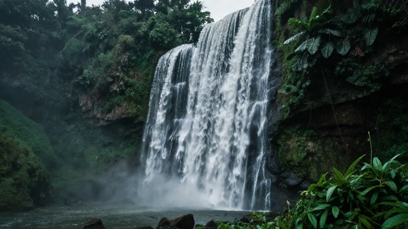 Selva exuberante, cascada y luz cinematográfica