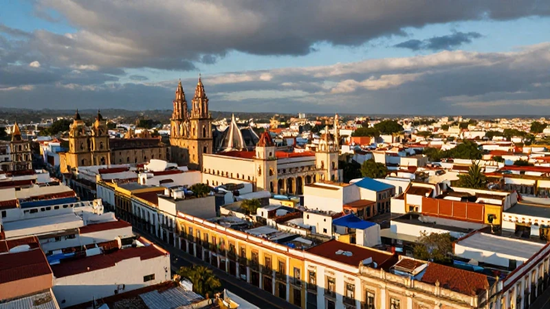 Ciudad colonial mexicana bajo luz dorada